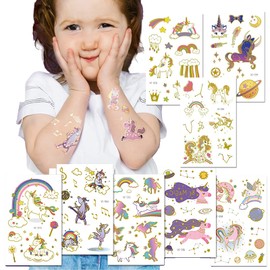 Ooopsiun Glitter Unicorn Temporary Tattoos for Girls, 8 Sheets Gold Unicorn Birthday Party Supplies Decorations for Kids , Fake Tattoos Stickers