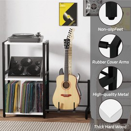 End Table with Guitar Stand,Record Player Stand,Vinyl Records Storage,2-Tier Guitar Stand for Acoustic, Electric Guitar,Bass,Turntable Stand Side Table for Music Room Studio Living Room-Modern White