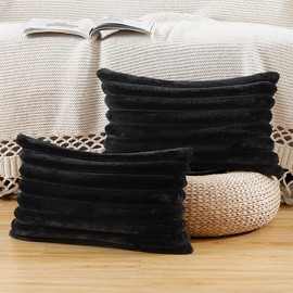 Madizz Set of 2 Faux Fur Plush Decorative Throw Pillow Covers 12x20 inch, 30x50 cm, Black Fluffy Striped Soft Decorative Cushion Cover for Sofa Bedroom Pillow Shell