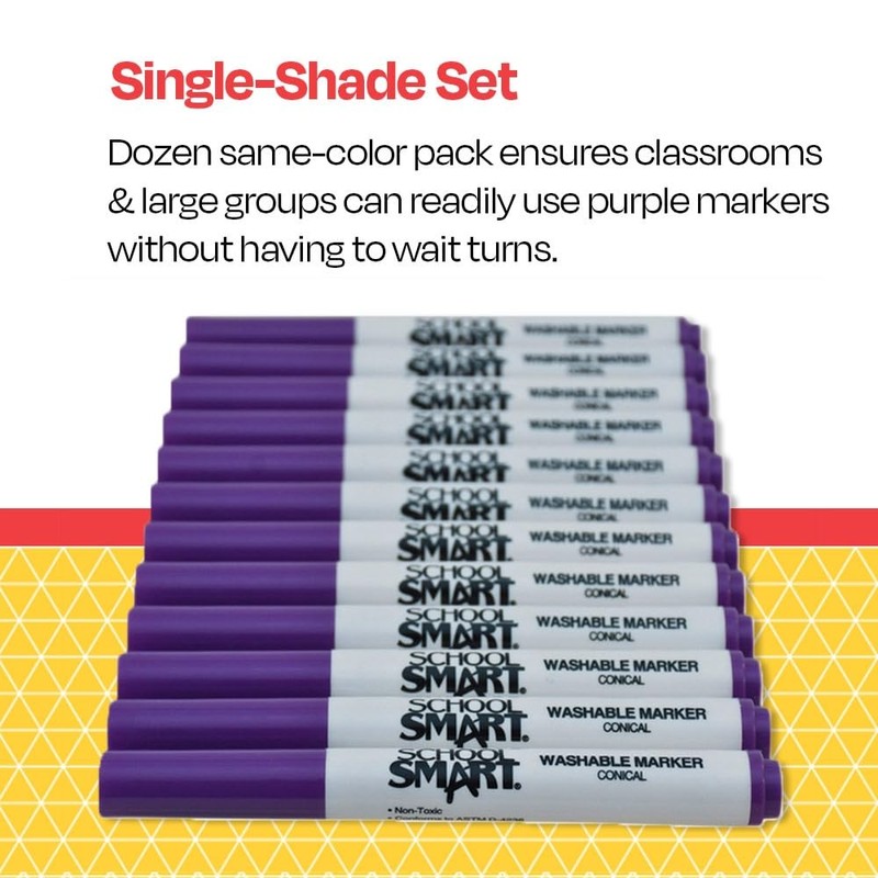 School Smart Washable Art Markers, Conical Tip, Purple, Pack of