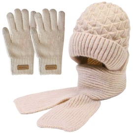 JSTHHTT WintermüTze Knitted Hat with Scarf Touchscreen Gloves Set with Thick Plush Lining Soft Women's Winter Warm Hat 55-60 cm Winter Scarf Knitted Scarf Winter Gloves Knitted Gloves, beige