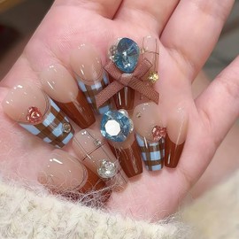 Blue Brown Plaid French Tips Press on Nails Medium Long Coffin Fake Nails with Heart Rhinestone Bow Designs False Nails Star Charms Stick on Nails Cute Acrylic Glue on Nails for Women Manicure 24Pcs