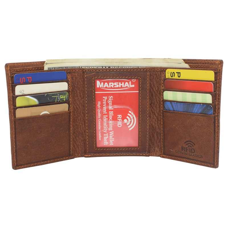 MARSHAL Real Leather Men's RFID Blocking Trifold Wallet with Outside