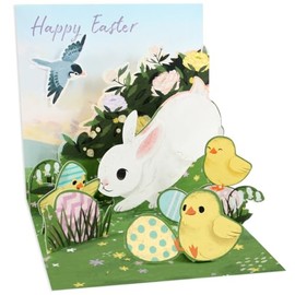 Up With Paper Easter Friends: White Rabbit, Yellow Chicks, Gray Bird and Decorated Eggs 5-Inch 3D Pop-Up Easter Card