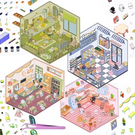 4Pcs 3D Fun Mini House Scene Stickers with Tweezers Make Your Own Mini Supermarket Classroom Kitchen Living Room Stickers Scenes Cute Mini Room Craft Scrapbook Stickers for Relief Stress Pass The Time