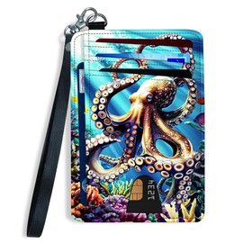 FXIANGWL Slim Front Pocket Wallet for Women, RFID Blocking Credit Card Holder Wallet with Detachable Wrist strap, Thin Card Case ID Window Small Card Holder for Unisex-FBA, Colourful Octopus, Modern