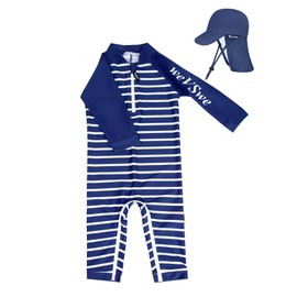 weVSwe Baby Swimwear UPF 50+ Protection Boy Swimsuits Crotch Zip Long Sleeve with Summer Sun Hat 0-3 Years, Navy stripes