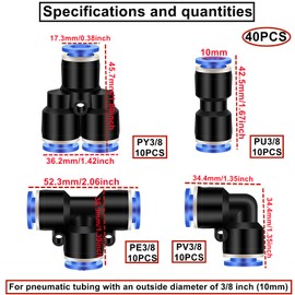 HAXIHA Pack of 40 3/8 inch air push quick attachments, pneumatic connectors, splitter/angle/T-pieces/straight push-to-connect fittings kit air line fittings