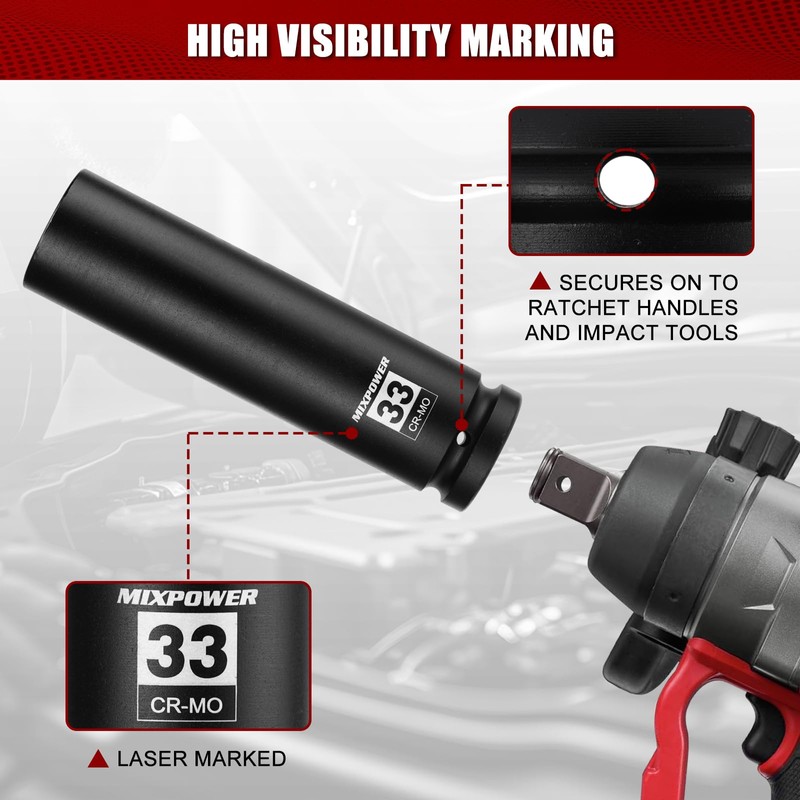 MIXPOWER 1" Drive 33mm Extra Deep Impact Socket,8-Inch Long,6-Point,Metric,Truck Wheel
