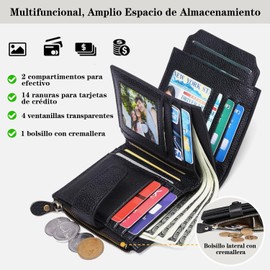 Cartera para Mujer Pequeña, Carteras de Cuero Plegable y Compacta, con RFID Bloquea, Tarjetero de Crédito, Mini Monedero de Viaje con Cremallera y 4 ID Ventana, Regalos para Mujer (Negro)