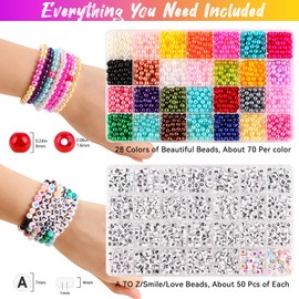 Keiby Citom 28 Colors Pearl Beads and Letter Beads Kit for Friendship Bracelet Making Kit,1960 Pcs 6mm Imitation Dyed Faux Pearl Beads with A-Z Letter Beads Elastic Strings