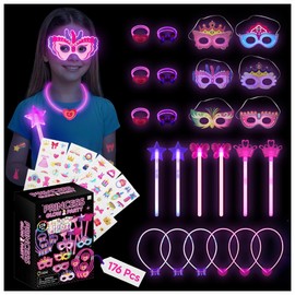 Princess Glow Party Pack – 176 PCS Glow in the Dark Princess Party Favors for Girls – Glow Sticks, Masks, Wands, Bracelets, Necklaces & Stickers – Birthday Party Supplies for Kids