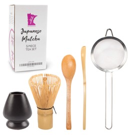 BambooMN Brand - Matcha Green Tea Whisk Set - Black - 5-Piece Set - Bamboo Tea Accessories