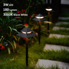 GOODSMANN Landscape Lighting 2PK Low Voltage Landscape 2-Tier Pagoda Pathway Light 12V 3W LED Path Lights Outdoor 180 Lumen Die-Cast Aluminum Walkway Lights with Connectors Metal Stakes (2PK)