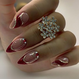 Red French Tip Press On Nails Short Almond Glitter Red Fake Nails with Gold Line Rhinestone Designs Nude False Nails Full Cover Nail Tips Acrylic Glue On Nails Stick On Nails For Women DIY Manicure