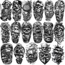 77 Sheets Pirate Temporary Tattoo for Women Men, 17 Sheets Half Arm Captain Skull Compass Fake Tattoos, 60 Sheets Pirate Anchor Sword Flag Realistic Tiny for Adult Kids Body Tattoos Stickers