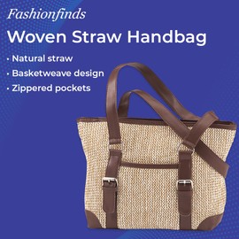 Woven Straw Handbag for Women, Purse for Summer and Beach, Shoulder Bag with Multiple Pockets, Top Zip Closure
