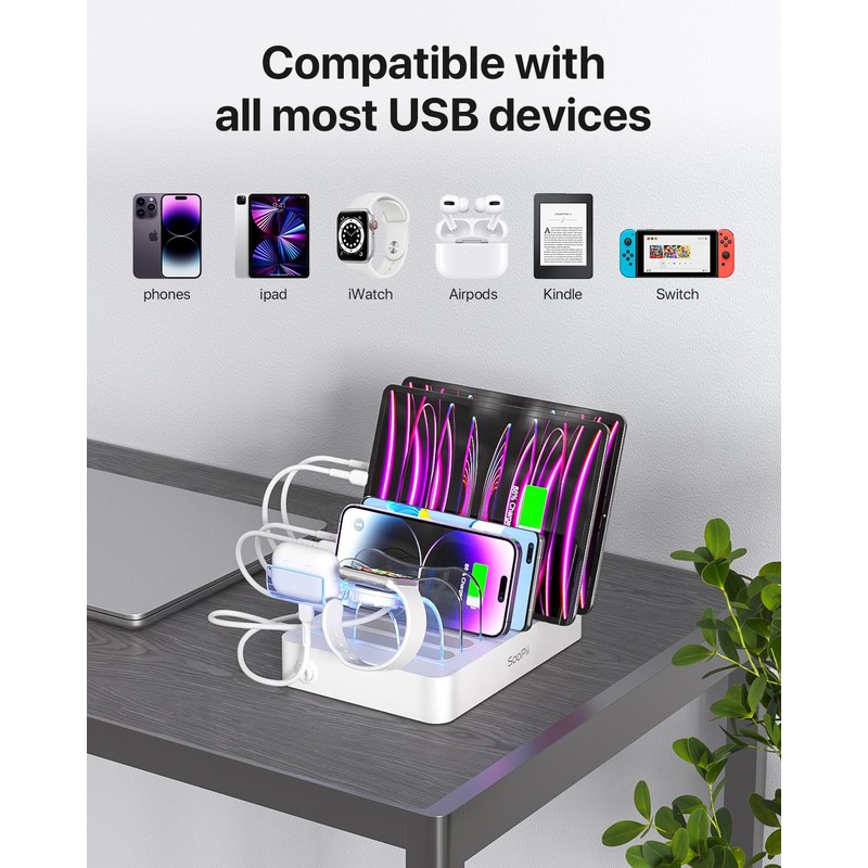 SooPii Premium 6-Port USB Charging Station Organizer for Multiple Devices,