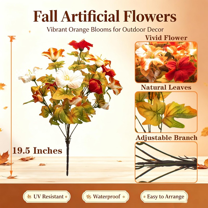 Fall Flowers, 4Pcs UV Resistant Artificial Outdoor Petunias for Decor