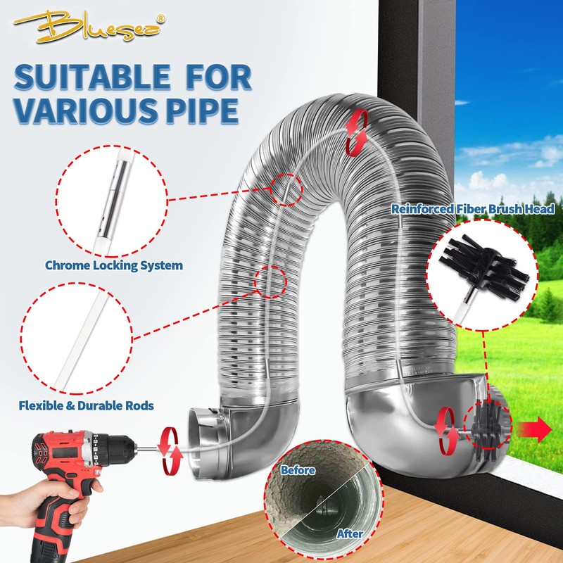 Bluesea 7 Pieces 30 Feet Dryer Vent Cleaner Kit, Reinforced