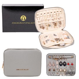 Angelina's Palace Large Jewelry Organizer Case Bridesmaid Gifts Vegan Leather Waterproof Travel Jewelry Storage Bag for Necklace Earring Bracelet Ring(pearl grey)