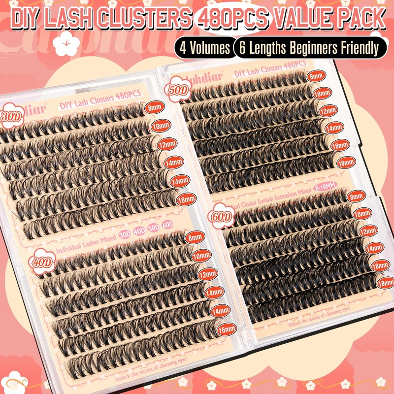 calphdiar Cluster Lashes 30D+40D+50D+60D Individual Eyelashes 480PCS Wispy Lashes Individual
