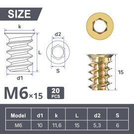 Wavanta 20Pcs Threaded Inserts Nuts, M6 x 15mm Threaded Inserts for Wood, Hex Socket Drive Screw Insert for Wood Furniture, Cabinet