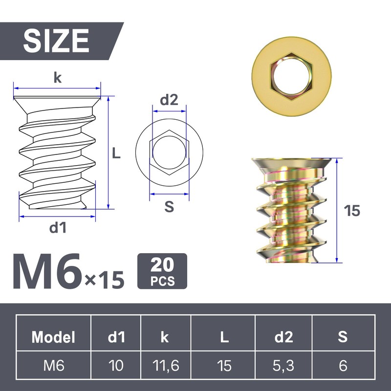 Wavanta 20Pcs Threaded Inserts Nuts, M6 x 15mm Threaded Inserts