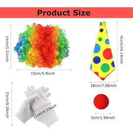 JINJUMEI Pack of 5 Clown Costume Accessories, Clown Costume Women Men Clown Curly Wig Clown Nose White Gloves Colourful Tie Clown Costume Accessory for Art Event, Carnival Costume Cosplay,
