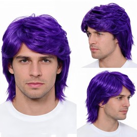 Short Purple Wig for Men Natural Wavy Synthetic Heat Resistant Hair Wig for Daily Party Halloween Cosplay