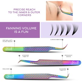 SIVOTE Eyelash Extension Tweezers Fiber Tips, Set of 6, Curved, Dolphin, 90 Degree 45 Degree, Volume Boot & Slight Curved Tweezer, Rainbow