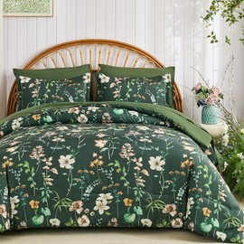 DJY Queen Comforter Set, Green Botanical Floral Bedding Comforter Sets Queen Size for All Seasons, 7 Pieces Bed in a Bag Lightweight Microfiber Comforter Set with Sheets Pillowcases & Shams