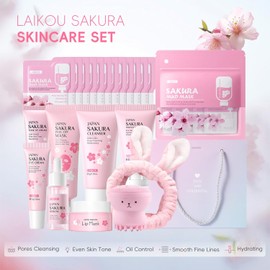 LAIKOU Set De Cuidado Facial Sakura Para Adolescentes, Kit Completo De 34 Piezas, Set De Regalo Navideño Para Mujeres Y Adolescentes, Rutina Diaria De Cuidado Facial Hidratante Y Nutritiva, Ideal