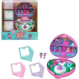 Polly Pocket Dolls & Playset, Collector Heritage Compact, 35th Birthday Partytime Stamper with 2 Micro Dolls, 3 Party Stamps & 12 Stationary Cards