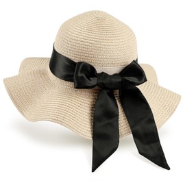 GNEGNI LIFE Sun Hats Women, Wide Brim Hat Straw Beach Hats Sun Protection Summer Hat Foldable Floppy for Women Travel Holiday (Beige & Black Ribbon)