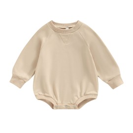Engofs Newborn Baby Girl Boy Sweatshirt Romper Solid Color Long Sleeve 0 3 6 12 18 Months Fall Winter Clothes Khaki 12-18 Months