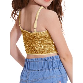 CharmWM Girls Sleeveless Tank Top Sequin Spaghetti Strap Crop Cami Camisole Sparkly Dance Blouse Gold