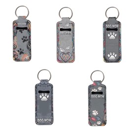 Baxinh Set of 5 Pieces Chapstick Holder Keychain for Women Girl, Neoprene Lip Balm Protector Sleeve for Tracker and Safeguard, Dog Mom Paw Print-grey, Small