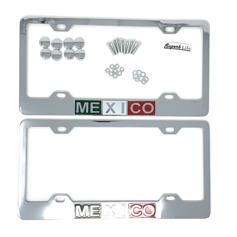 Mexico Mexican Flag Chrome Polished License Plate Frame, Front &