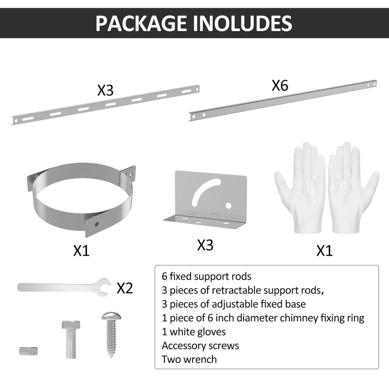 Adjustable Stainless Steel Chimney Roof Support Bracket Kit,6 Inch Extended