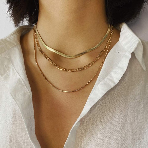 Aimimier Bohemia Layered Cuban Link Chain Choker Necklace Flat Herringbone