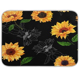 Watercolor Sunflowers Black Background Dish Drying Mat for Kitchen, Absorbent Microfiber Drying Pad Dish Mat, 24" X 18"