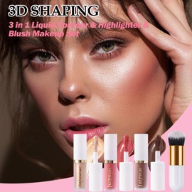 3 Pack Liquid Contour & Highlighter & Blush with Brush, Liquid Contour Bronzer Blush Stick Beauty Wand for Cheeks Eyes Lips Face, Long Lasting Waterproof Highlighter for All Skin Type (Set B)