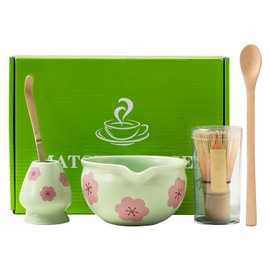 Matcha Set Whisk and Bowl Matcha Tea Set with Bamboo Matcha Whisk, Traditional Matcha Spoon and Matcha Whisk Holder(Green)