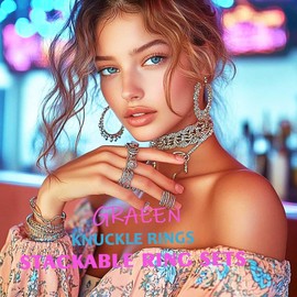 GRAEEN Eternal Knuckle Rings Star Moon Finger Ring Set Stackable Ring Silver Rings for Women (Pack of 12) (Style 5)