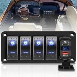 RVZONE 4 Gang IP68 Waterproof Boat Rocker Switch Panel DC 12-24V LED Digital Voltmeter + Dual USB (QC 3.0 & Type-C) Fast Charging Pre-Wired Toggle Switch Panel for RV Car Marine Boat Truck (Blue)