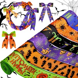 6 Rolls Halloween Wired Edge Ribbon for Wreaths 2.5 Inch x 30 Yards Bat Spider Web Pumpkin Print Grosgrain Ribbon Ghost Witch Hat and Leg Ribbon Halloween Party Decorative Ribbon Supplies, 6 Styles