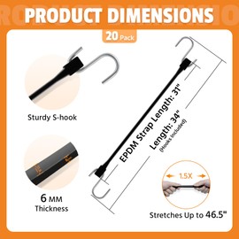 HOXWELL 31" Rubber Bungee Cords with Hooks, 100% EPDM Bungee Cord with 150% Max Stretch, Heavy Duty Bungee Straps for Securing Tarps, Canvases, Cargo, Motorcycle, Weatherproof, Pack of 20