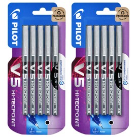 PILOT V5 Hi-Tecpoint Rollerball Pen - Fine 0.5mm Tip - Black Ink - Blister Pack of 10 Pens