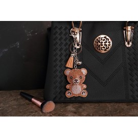 AuPra Brown Teddy Bear Women KeyRing Gift Lady Girl Bling Crystal Bag Clip KeyChain Mum Rhinestone Tassel Keys Present
